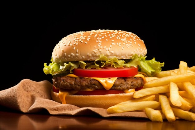 Un hamburger et des frites sont sur la table.