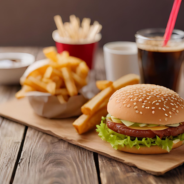 un hamburger et des frites sur une table en bois avec une boisson en arrière-plan