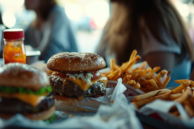 Hamburger et frites sur table