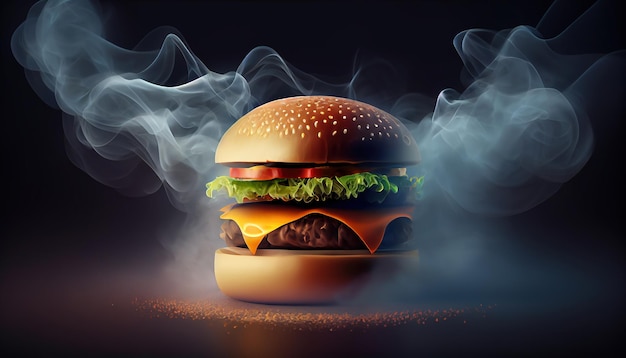 Un hamburger avec de la fumée qui en sort