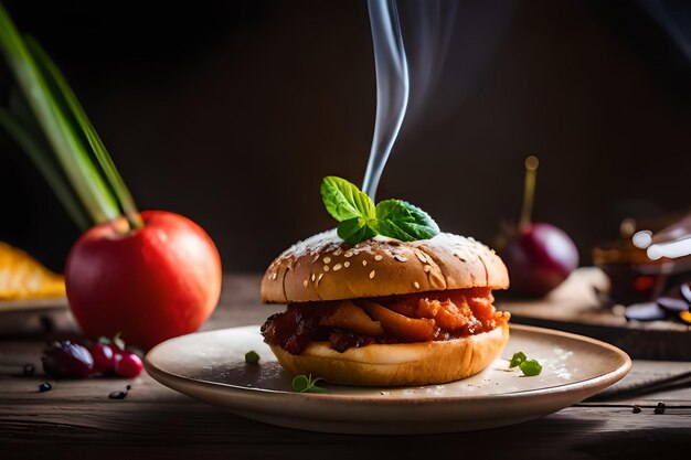 Photo un hamburger avec de la fumée qui en sort