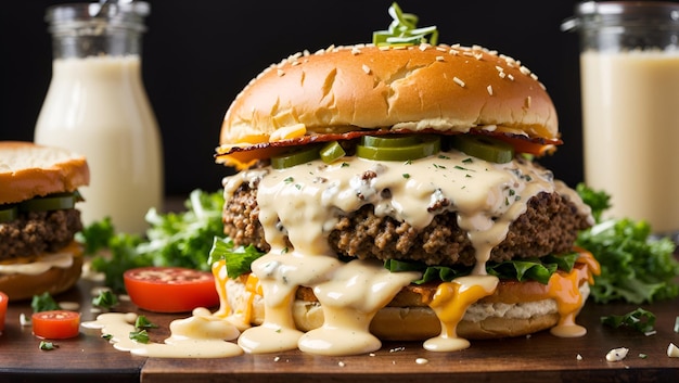 Un hamburger avec une galette juteuse avec du fromage cheddar fondu et un aïoli crémeux à l'ail