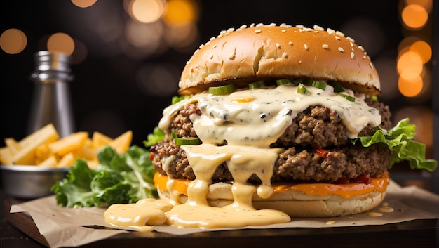 Un hamburger avec une galette juteuse avec du fromage cheddar fondu et un aïoli crémeux à l'ail