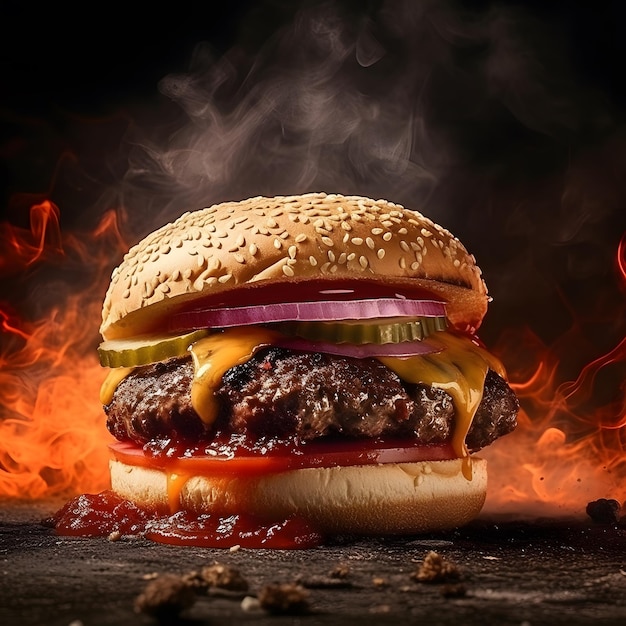 Un hamburger avec une garniture de tomates et d'oignons est assis sur un fond de feu.