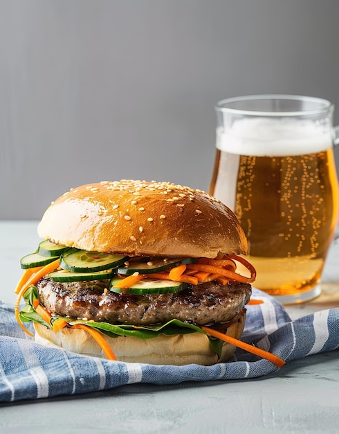 Un hamburger gourmet avec des légumes frais et une pâtisserie de bœuf juteuse servie avec de la bière froide un plat gourmet idéal