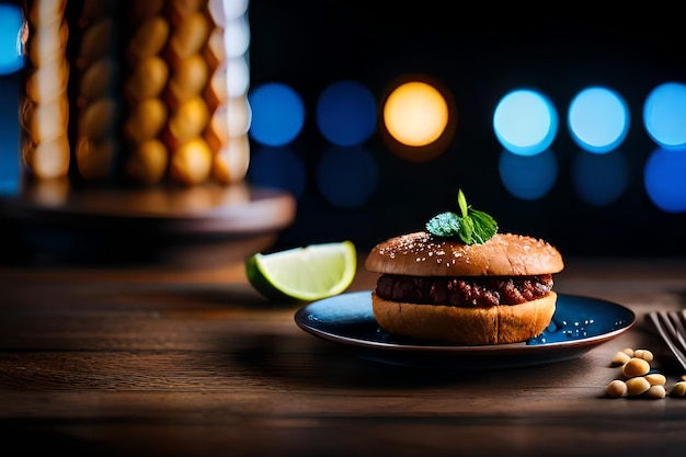 un hamburger avec des graines de sésame s'assoit sur une assiette avec un coin de citron sur elle