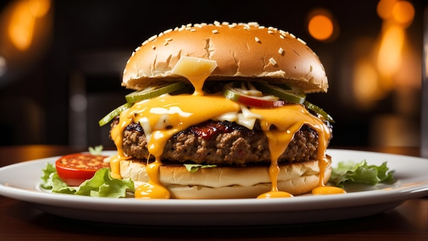 Un hamburger grésillant juteux avec du fromage fondu dégoulinant sur les côtés servi sur un petit pain grillé