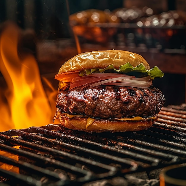 Un hamburger sur un grill avec le grill à droite