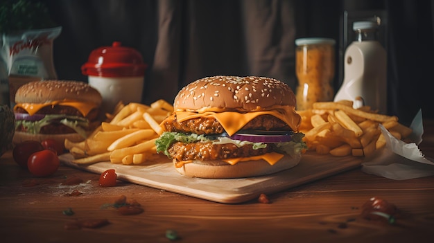 Un hamburger avec un hamburger dessus est assis sur une table avec des frites et un récipient rouge de ketchup.