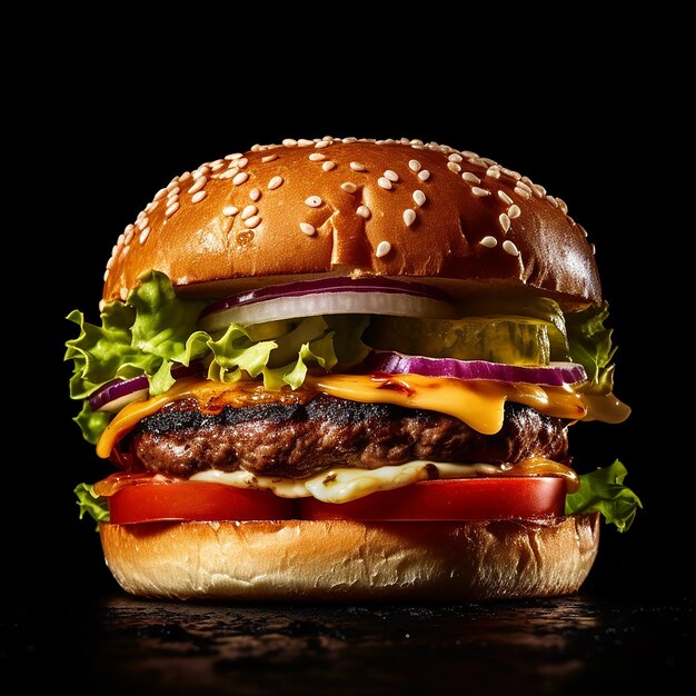 un hamburger avec un hamburger et une feuille de laitue verte.