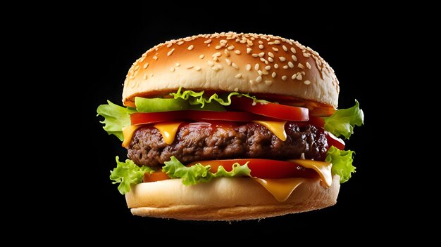 un hamburger avec un hamburger et un fond noir