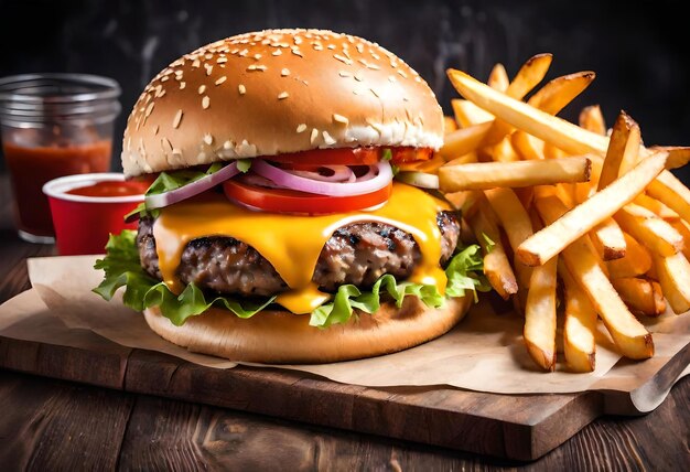 un hamburger avec un hamburger et des frites sur une table en bois