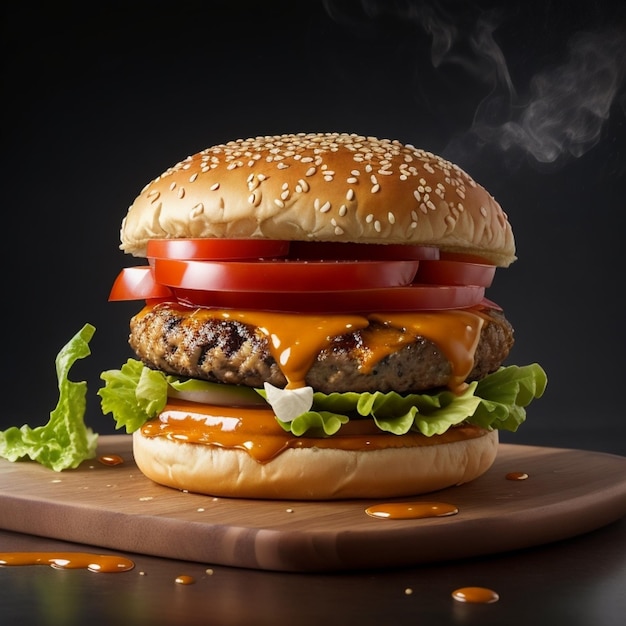 Un hamburger avec un hamburger qui dit hamburger.