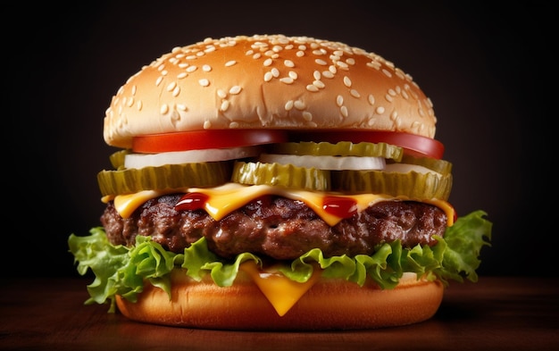 Un hamburger avec un hamburger et une tranche de cornichon dessus.