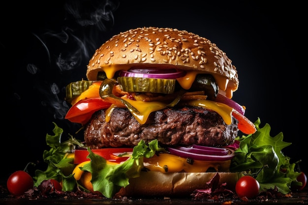 Hamburger avec hamburger à la viande de bœuf et légumes frais sur une surface sombre