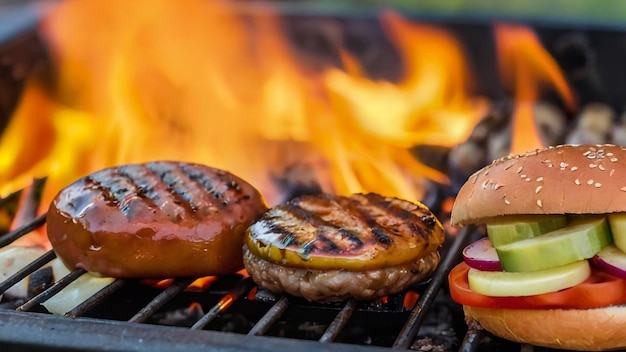 un hamburger et des hamburgers sont cuits sur un gril