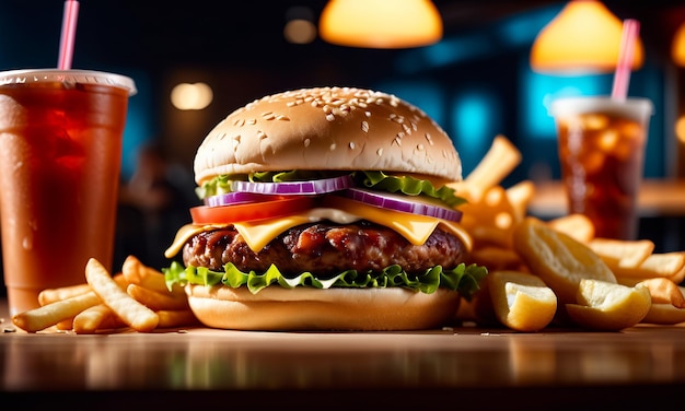 Un hamburger juteux, du bœuf grillé, un hamburger en gros, des frites au fromage et une boisson.