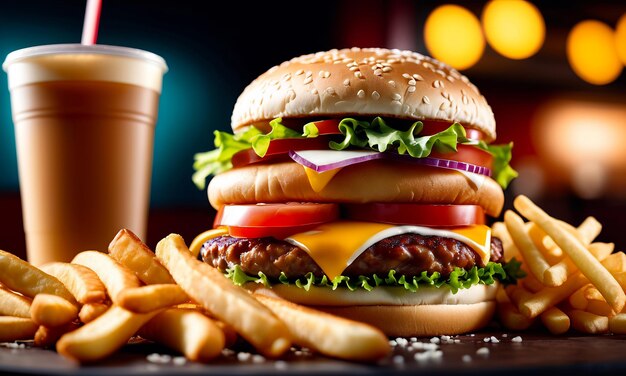 Photo un hamburger juteux, du bœuf grillé, un hamburger en gros, des frites au fromage et une boisson.