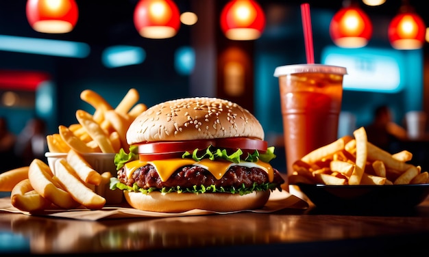 Un hamburger juteux, du bœuf grillé, un hamburger en gros, des frites au fromage et une boisson.