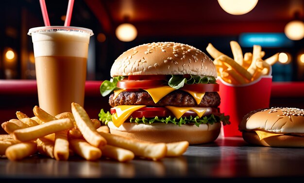 Photo un hamburger juteux, du bœuf grillé, un hamburger en gros, des frites au fromage et une boisson.