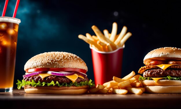 Un hamburger juteux, du bœuf grillé, un hamburger en gros, des frites au fromage et une boisson.