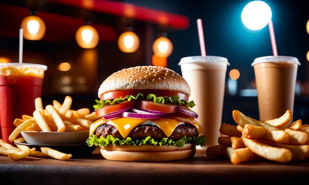 Photo un hamburger juteux, du bœuf grillé, un hamburger en gros, des frites au fromage et une boisson.