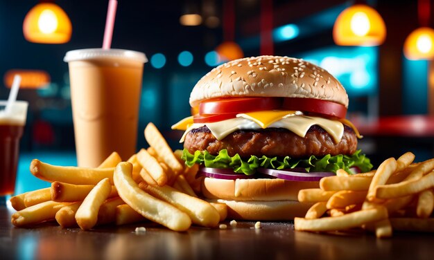 Un hamburger juteux, du bœuf grillé, un hamburger en gros, des frites au fromage et une boisson.