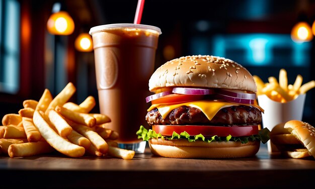 Photo un hamburger juteux, du bœuf grillé, un hamburger en gros, des frites au fromage et une boisson.