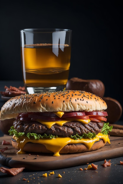 Hamburger juteux avec du fromage et de la bière