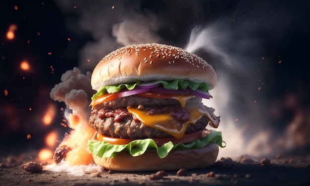 Hamburger juteux en feu IA générative