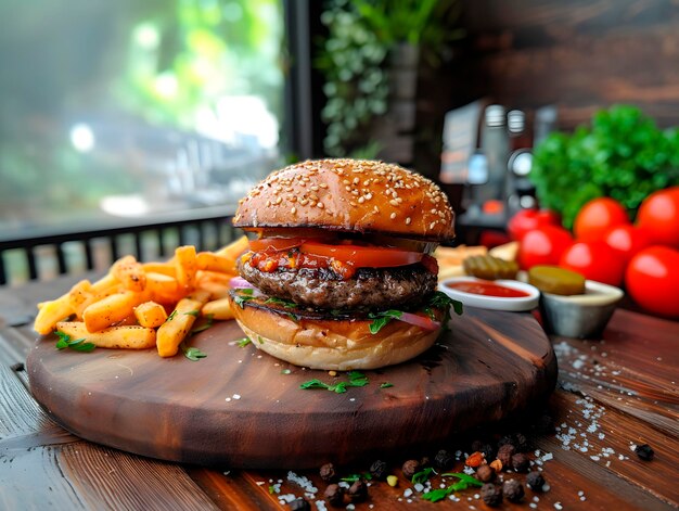 Un hamburger juteux lavé sur un plateau en bois génératif ai