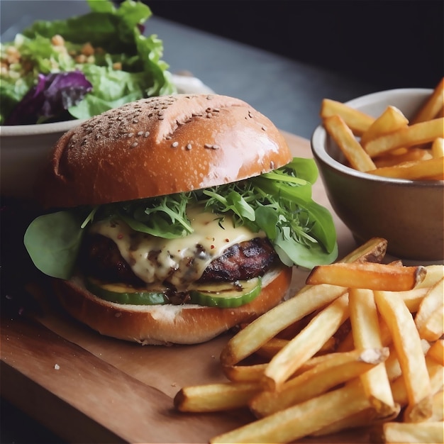 Un hamburger avec de la laitue et un bol de frites sur une table