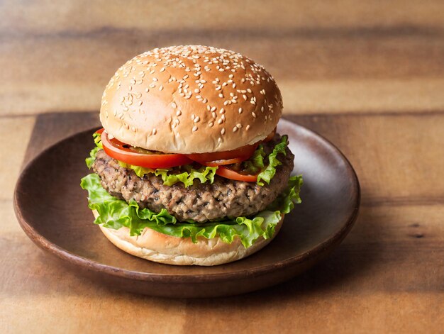 Un hamburger avec de la laitue est posé sur une assiette.