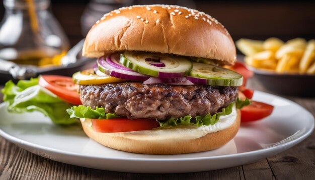 Un hamburger avec de la laitue, de l'oignon, de la tomate et du cornichon.