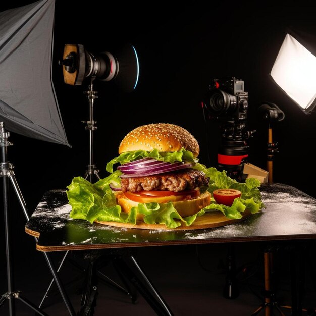 Photo un hamburger avec de la laitue et des oignons sur un plateau