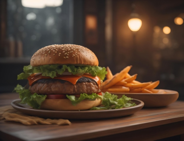 Un hamburger avec laitue et tomate sur une assiette à côté d'une assiette de frites.