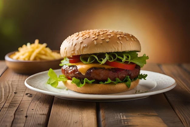 Un hamburger avec de la laitue et de la tomate sur une assiette