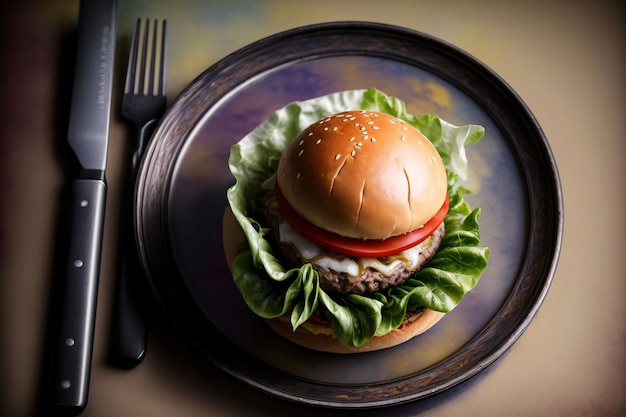 Un hamburger avec laitue et tomate sur une assiette