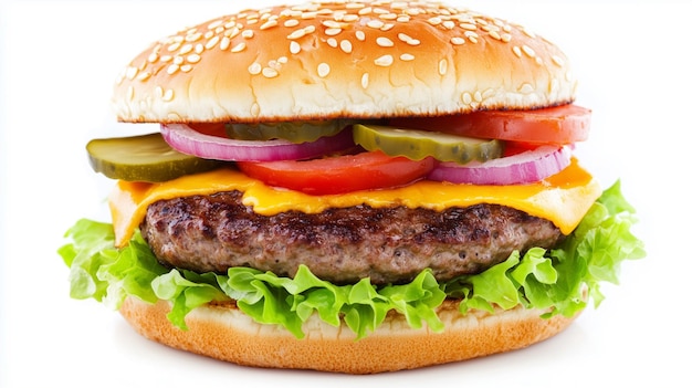 Un hamburger avec de la laitue, de la tomate et des cornichons.