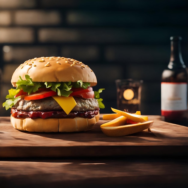 Un hamburger avec de la laitue, de la tomate et du fromage est assis sur une planche de bois ai générative