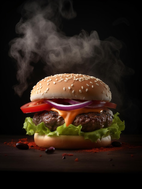 Photo hamburger avec de la laitue, de la tomate, du fromage fondu et des galettes de viande sur un fond sombre
