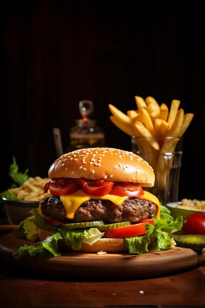 un hamburger avec de la laitue tomate et du fromage et des frites