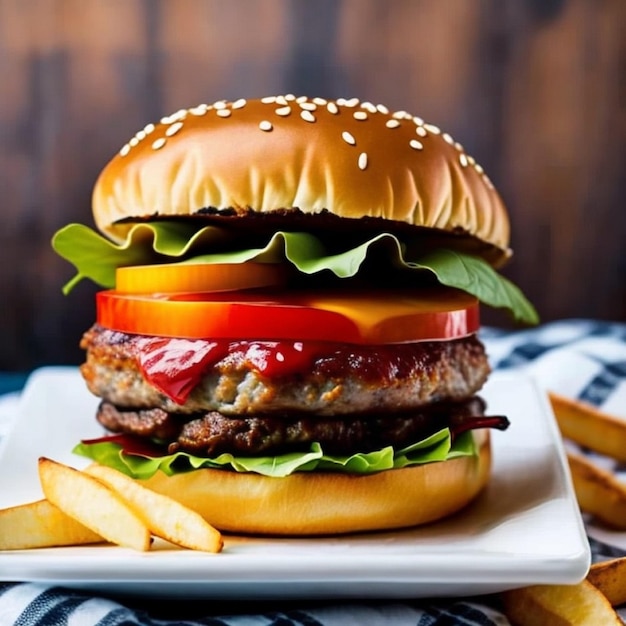 Un hamburger avec de la laitue, de la tomate et de la laitue sur une assiette