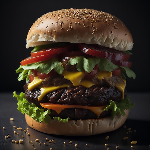 Un hamburger avec de la laitue, de la tomate et de la laitue dessus.