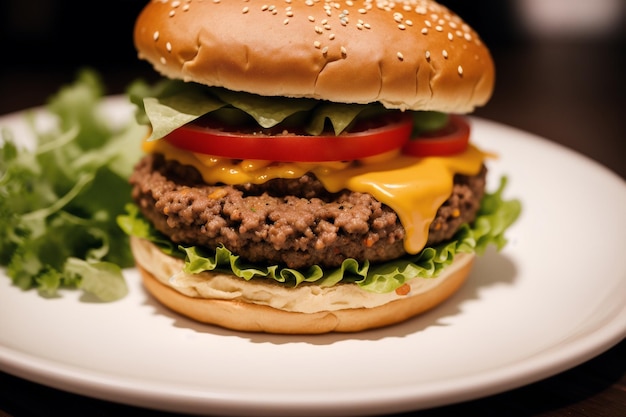 Un hamburger avec de la laitue, de la tomate et de la laitue est posé sur une assiette.