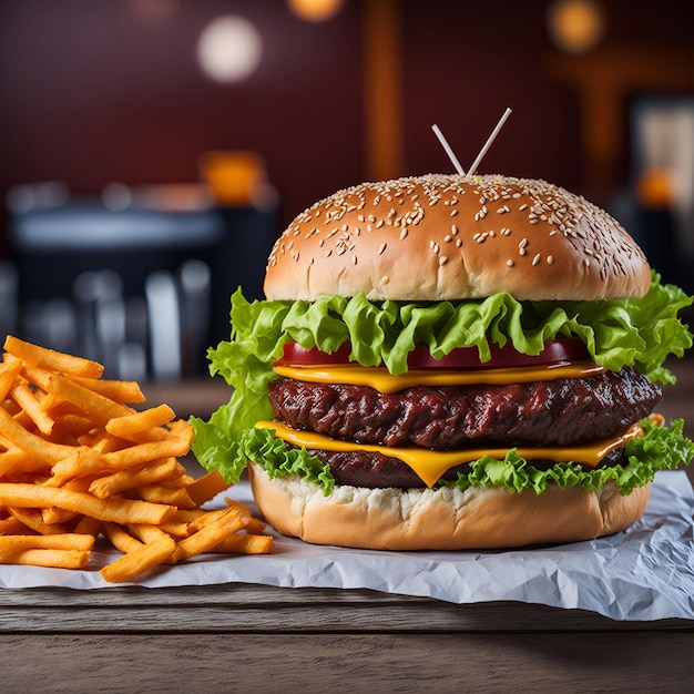 Un hamburger avec de la laitue, de la tomate et de la moutarde sur un papier avec des frites.