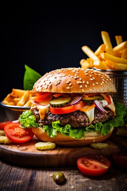 un hamburger avec de la laitue, des tomates et des cornichons sur une planche à découper