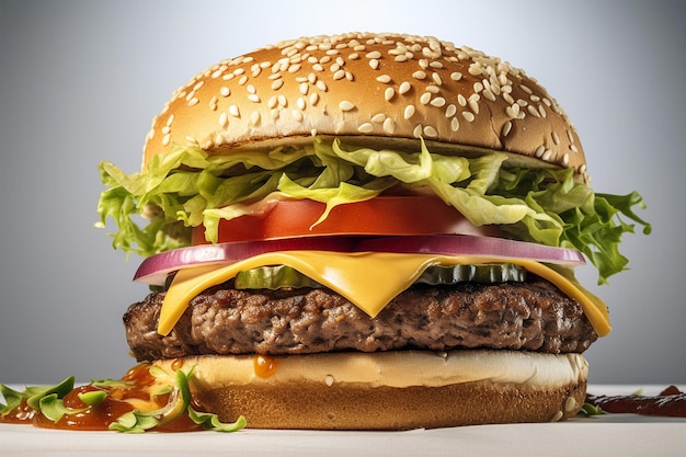 Photo un hamburger avec de la laitue, des tomates et des oignons dessus.