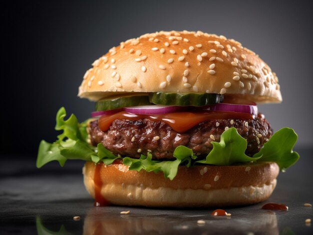 Un hamburger avec de la laitue, des tomates et des oignons dessus.