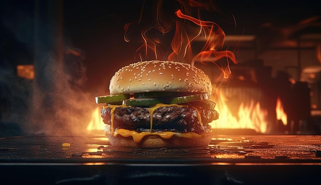 hamburger la nuit avec des flammes sur la grille